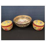 Vintage Asian Bowl & 2 Lidded Containers