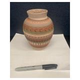 Native American Navajo Etched Pottery Vase Signed