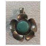 Large Silver Turquoise Flower Pendant