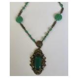 Antique Jade Peking Glass Necklace Enamel Flowers
