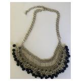 VTG Silver Necklace Crystal Black Beads Rhinestone