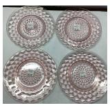 4 Pink Depression Glass Plates with Patterned Desi