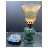 Glass Oil Lamp with Etched Shade and Decorative Pl
