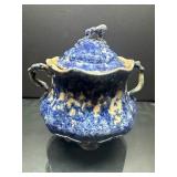 Blue and Cream Glazed Ceramic Sugar Bowl With Lid