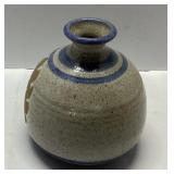 Small Stoneware Vase With Blue and Tan Detailing