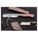 Knife with Textured Blade, Leather Sheath, and Min