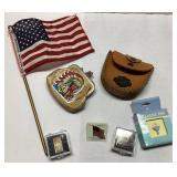 Lot Including Flag, Pins, Harley Davidson Pouches,