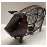 Wire and Wood Pig-Shaped Decorative Basket, Approx