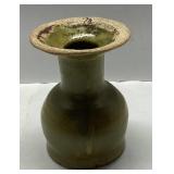 Ceramic Vase with Green Glaze and Wide Rim