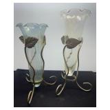 Iridescent Glass Vases with Metal Stands Featuring