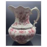 Pink Floral Ceramic Pitcher with Scalloped Rim and