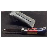 Knife with Multicolored Handle and Leather Sheath,