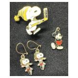Snoopy Pins and Earrings with Mickey Charm