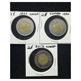 Canada $2 Coins 1996, 2012 (3 Pieces)