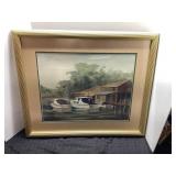 Framed Watercolor Boats Scene, 22.5" x 26.5"