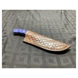 Damascus Blade Knife with Blue Handle and She