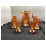 Iridescent Amber Crackle Glass Pitcher Set