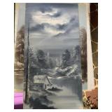 Monochrome Landscape Painting With Cabin