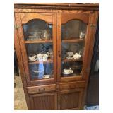 Antique Oak Cabinet With Glassware and China