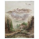 Landscape Painting With Cabin and Mountains