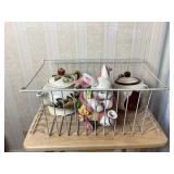 Three Ceramic Teapots in Wire Basket