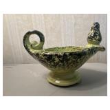 Green and Black Ceramic Bird-Handled Bowl