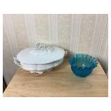 White Porcelain Covered Dish and Blue Glass R