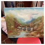 Signed Oil Painting of Waterfall Landscape
