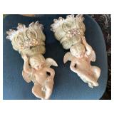 Pair Porcelain Cherub Wall Pockets