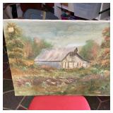 Signed Landscape Oil Painting of Barn Scene