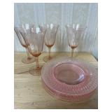 Pink Depression Glass Goblets and Plates Set
