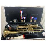 Bundy Brass Trumpet with Case and Medals