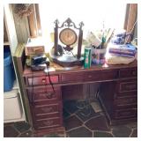 Wooden Desk with Assorted Contents