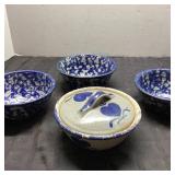 4 Blue Splatterware Bowls and Covered