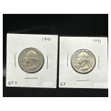 1941 Washington Silver Quarters, 2 Coins