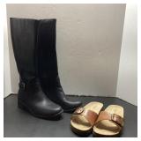 Black Knee-High Boots And Brown Sandals, Size 8M