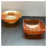 Two Iridescent Glass Bowls, Round and Square