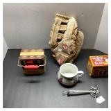 Vintage Items Lot: Tin, Glove, Mug, Tools