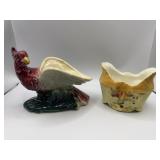 2 Ceramic Planters: Bird & Floral Motif