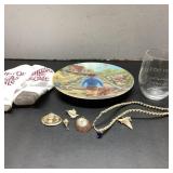 Lot: Plate, Glass, Jewelry, Socks