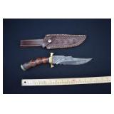 Damascus Steel Brass Guard Hunting Knife & Sheath