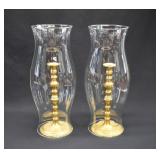 Pair Brass Candlesticks with Hurricane Shades