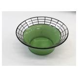 Art Deco Black Cage Pattern Rim & Green Glass Bowl