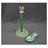 2pc Vintage Rooster Cast Iron Papertowel Holder +