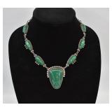 Green Onyx & Sterling Silver Aztec Mask Necklace