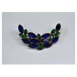 Blue/Green Navette Rhinestone Crescent Moon Brooch