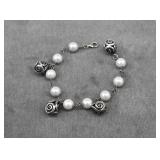 8" Sterling Silver & White Pearl Station Bracelet