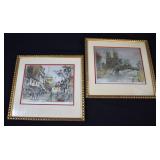 Pair Signed Paris Lithographs on Silk Framed