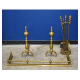 Brass Fireplace Andirons, Fender & Tool Set