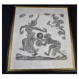 Framed Mid Century Thai Temple Charcoal Rubbing